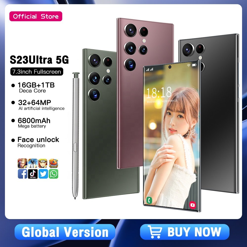 2023 New design S23 ultra grade rugged smartphone 12GB+512GB Android Unlocked Multi Function movies smartphone
